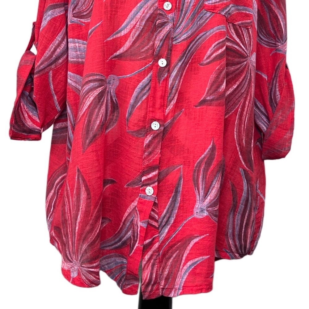 Made in Italy Leaf Floral Sz L 100% Cotton Button Front Tunic Blouse - Picture 4 of 11